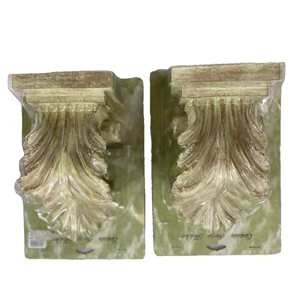 Two Light Green Gold Rod Swag Curtain Holders Scarf Corbels Leaf Design Decor - Picture 1 of 11
